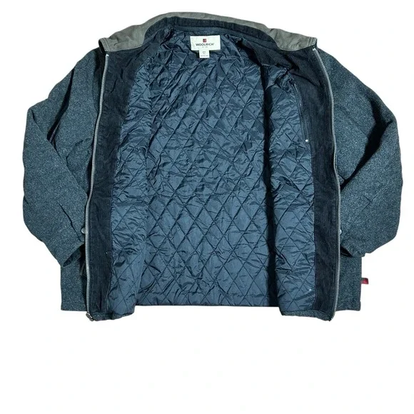 Woolrich Coat Men 2XL Wool Jacket Gray Full Zip Suede Leather Collar Quilt Lined